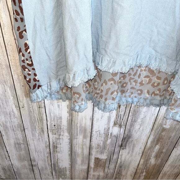 Umgee Blue & Chocolate Leopard Back Print Fringe Linen Blouse - Picture 5 of 5
